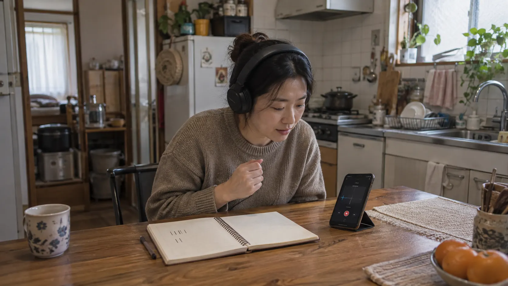 학습자가 10분 동안 휴대전화 음원을 멈춰 듣고 짧은 문장을 녹음한 뒤 빈 노트에 회차와 막힌 소리를 기록하며 자막을 나중에 확인하는 순서를 보여 줍니다.