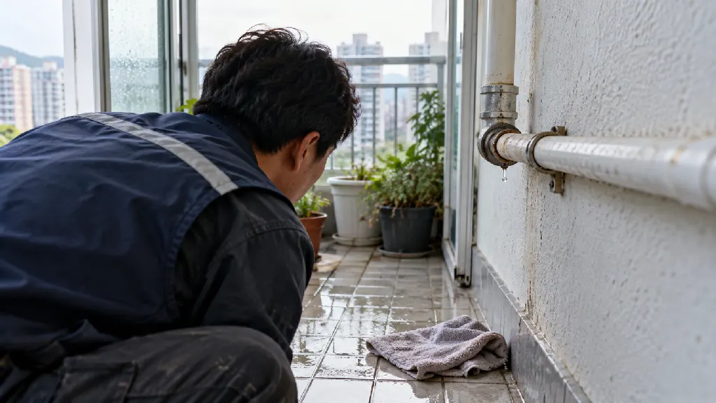 비가 그친 뒤 베란다 바닥은 마르고 있지만 벽을 통과하는 우수관 연결부에만 물방울이 남은 모습을 보여주며, 강우 뒤 변화 기록의 필요성을 설명합니다.
