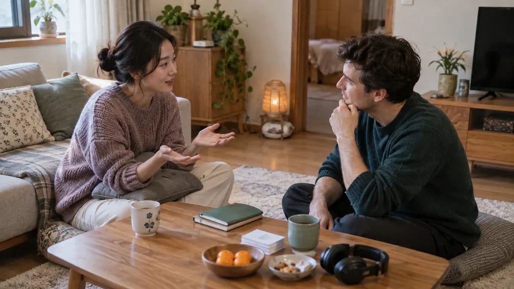 두 학습자가 마주 앉아 제안을 건네고 거절 답변을 주고받는 연습 장면으로, 한 사람은 감사 표현 뒤에 자신의 입장을 말하고 상대는 대안 제안을 듣는 상황을 보여줍니다.