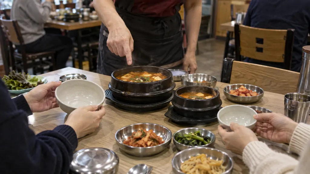 직원이 크기가 다른 두 전골 냄비와 빈 앞접시를 가리키며 설명하고, 손님이 2명과 3명 식사량의 차이를 묻는 장면입니다. — 주문 전 메뉴판 읽기(전골의 소·대는 몇 인분일까? 함께 먹을 인원에 맞춰 양을 확인하는 방법) 내용을 보여주는 사진