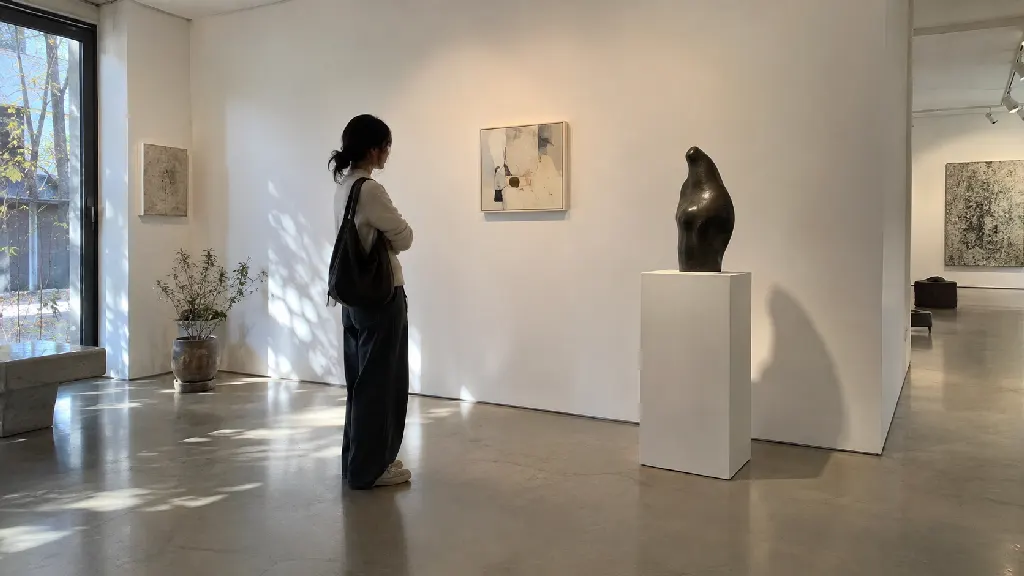벽에 걸린 작품과 바닥에 놓인 입체 작업 사이의 간격을 옆쪽에서 바라보는 관람 장면입니다. 작품 자체의 크기와 주변 빈 공간이 시선에 미치는 영향을 구분하며 관람 경계를 지키는 감상 방식을 보여 줍니다.