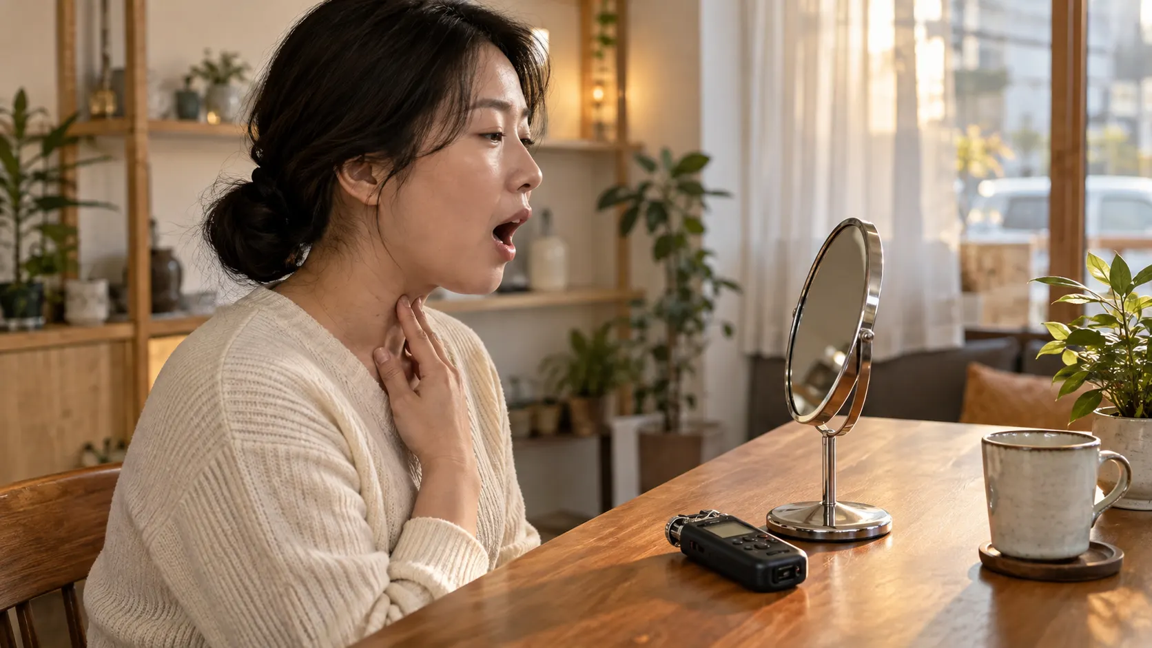 작은 거울을 보며 영어 모음을 말하는 학습자의 옆모습입니다. 입을 벌리는 정도와 턱의 움직임을 관찰하고 녹음한 소리를 기준 음성과 비교해 서로 다른 모음 발음을 구분하는 연습을 나타냅니다.
