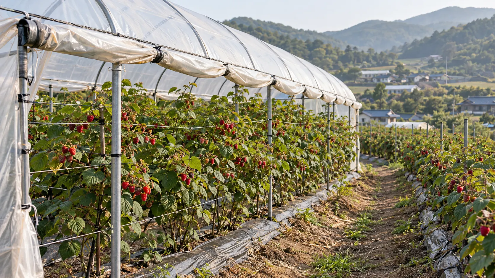 투명한 지붕 아래 산딸기 줄기가 자라고 옆면은 열려 있는 재배 시설입니다. 비를 가리는 구조와 바깥 공기가 드나드는 모습을 통해 지붕 유무만으로 난방 재배 여부를 판단하지 않는 기준을 보여 줍니다.