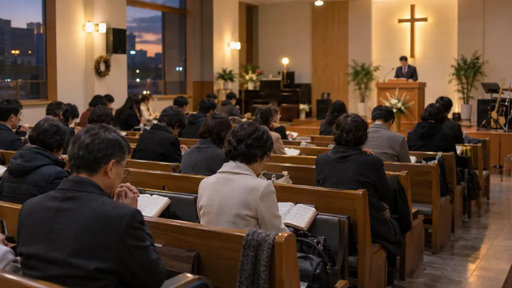 여러 사람이 같은 방향을 바라보며 성경 말씀을 듣고 함께 기도하는 예배 장면입니다. 개인의 고민을 차례로 말하는 대화보다 공동체가 같은 예배 순서에 참여하는 구조를 보여줍니다.