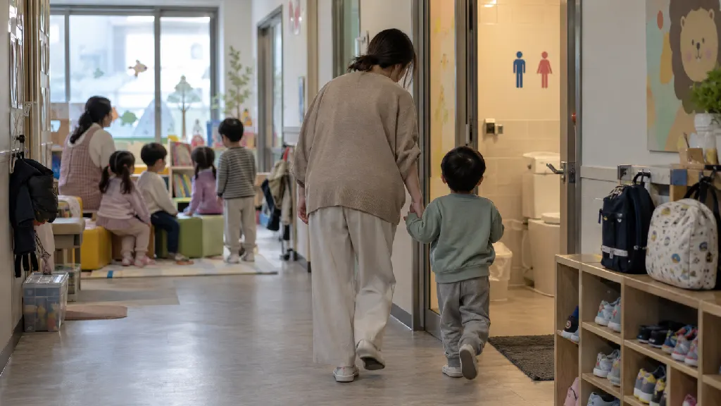 체험시설 복도에서 아이와 동행하는 담당이 화장실 방향으로 이동하고, 다른 담당은 남은 집단의 대기 구역을 살피는 장면입니다. 개별 돌봄 중에도 집단 보호의 담당이 비지 않는 인계 상황을 보여 줍니다.