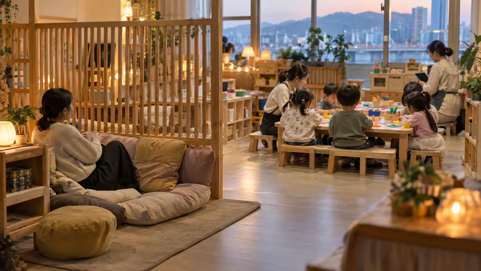 체험 공간과 휴식 자리라는 2개 구역 사이에 열린 칸막이를 두고 각 구역에 성인이 자리한 모습입니다. 유아가 활동을 멈춘 뒤 머무를 자리와 인솔자가 이동할 동선을 함께 보여 줍니다.