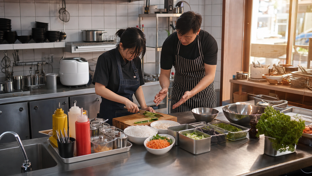 외식 매장 운영 교육에서 조리 실습, 위생 관리, 재료 준비 과정을 함께 익히는 장면을 설명합니다. — 운영 교육의 기본 범위(가맹점 운영 교육 및 지원에 대해 자주 묻는 질문과 알아둘 점) 내용을 보여주는 사진