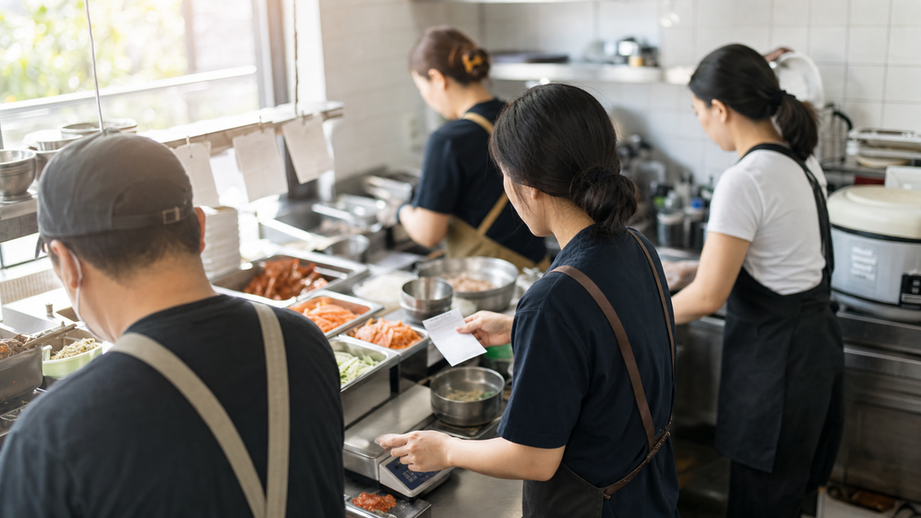 매장 운영자가 식재료 준비량과 주문 흐름을 비교하며 원가와 인력 운영을 조정하는 과정 — 개선 순서와 실행 방법(매장별 손익 관리 지원에 대해 자주 묻는 질문과 알아둘 점) 내용을 보여주는 사진