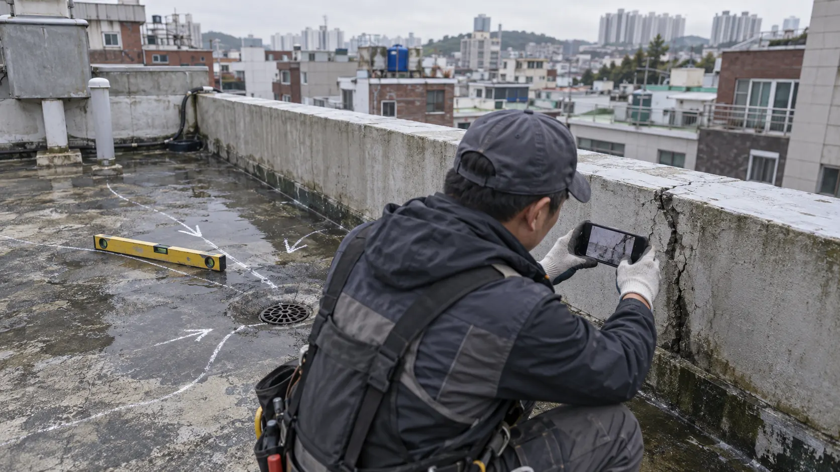 옥상 점검자가 배수구와 벽체 접합부의 물길을 확인하고 균열 위치를 기록하는 모습으로, 방수재 재시공 전 4단계 점검 순서를 나타냅니다.