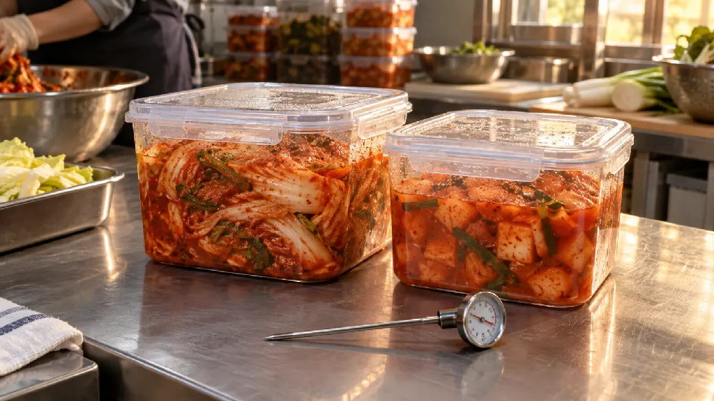 익힘 단계에서 두 용기의 온도와 김치 국물 상태를 나눠 살피고, 배추 줄기의 단단함과 신맛 변화를 기록하는 작업 장면을 설명합니다. 용기별 관리 차이를 보여 줍니다.