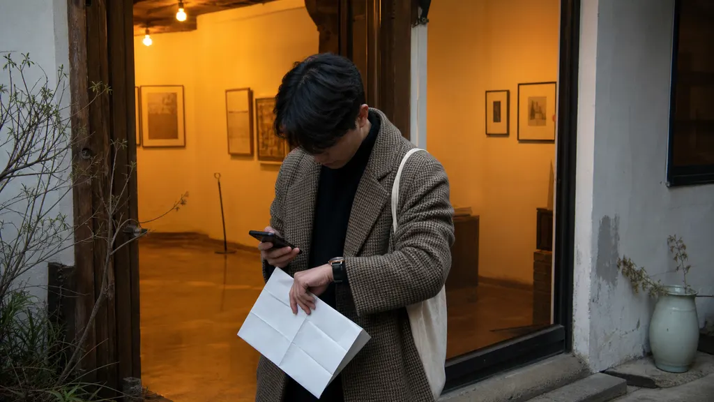 조용한 전시장 입구에서 관람객이 휴관일과 예약 조건을 확인한 뒤, 휴대전화와 접은 지도를 들고 입장 시간과 이동 경로를 살피는 장면입니다. — 관람 조건 확인(화랑 분야를 처음 알아볼 때 확인할 기본 원리) 내용을 보여주는 사진