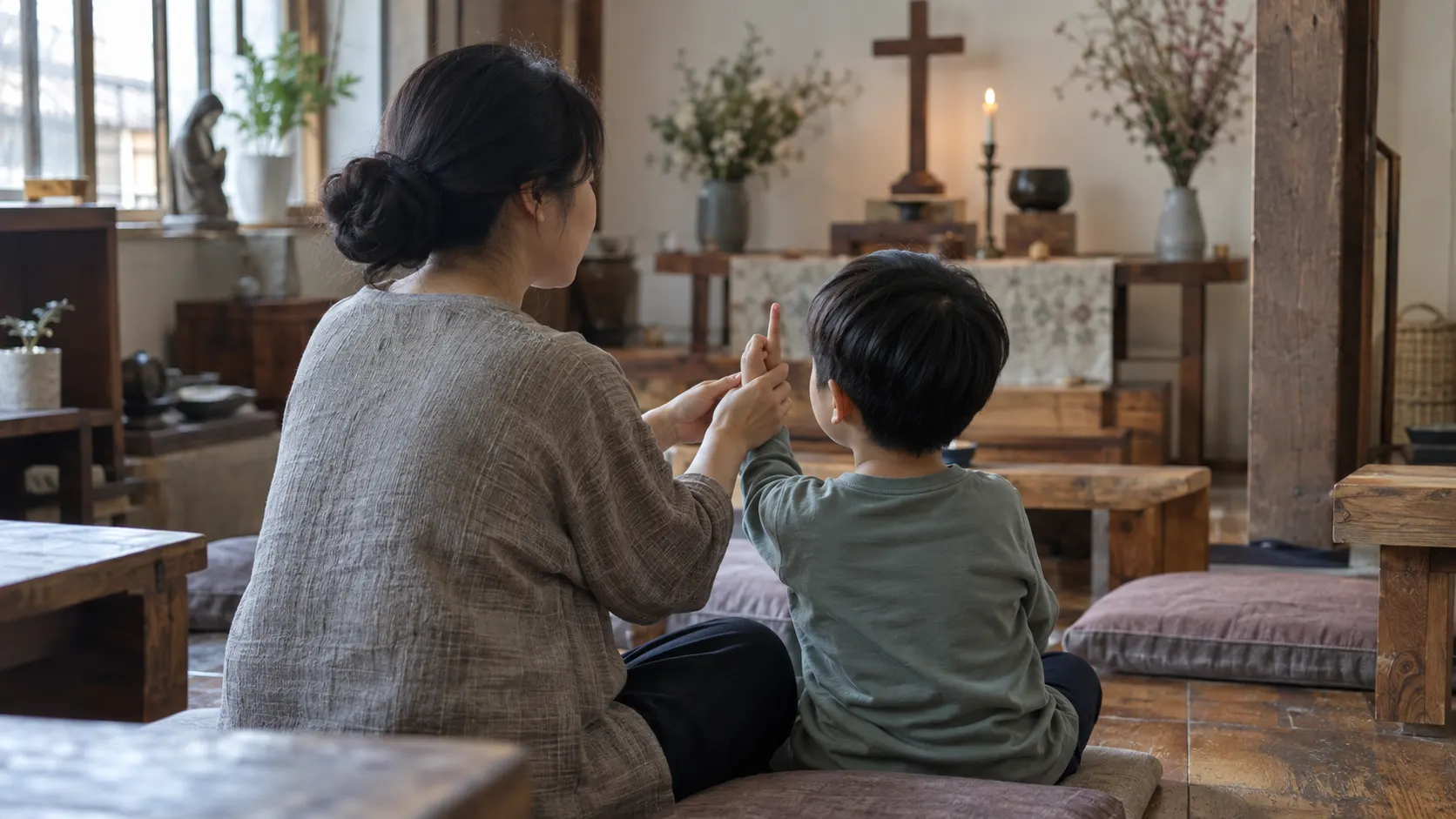 예배 공간에서 아이가 한 손으로 참여 신호를 보내고 어른이 조용한 손짓으로 다음 순서를 안내하며 세대가 함께 예배에 참여하는 과정을 보여 줍니다.