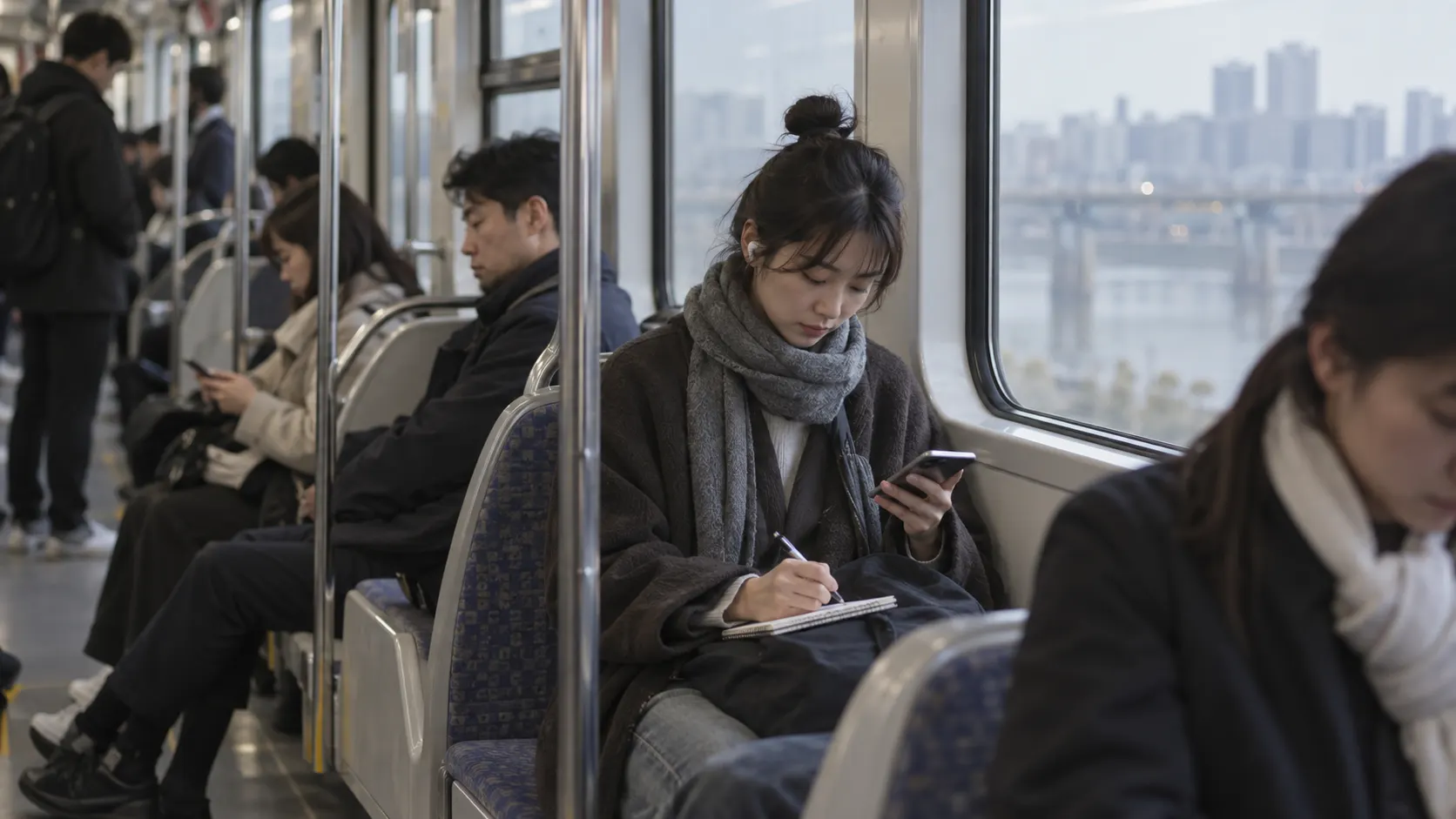 출퇴근 열차 안에서 학습자가 1분 음성을 반복해 듣고, 휴대전화 메모에 놓친 단어와 소리가 이어진 구간을 기록하며 영어 듣기 원인을 나누는 장면입니다.