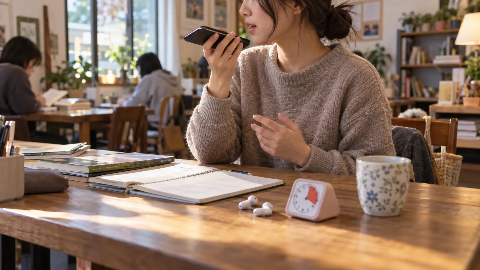 짧은 영어 문장을 들은 뒤 2~4초 안에 따라 말하고, 20~30초 녹음으로 강세와 끝소리를 비교하는 연습 장면입니다. 듣기에서 발화로 넘어가는 순서를 보여줍니다.