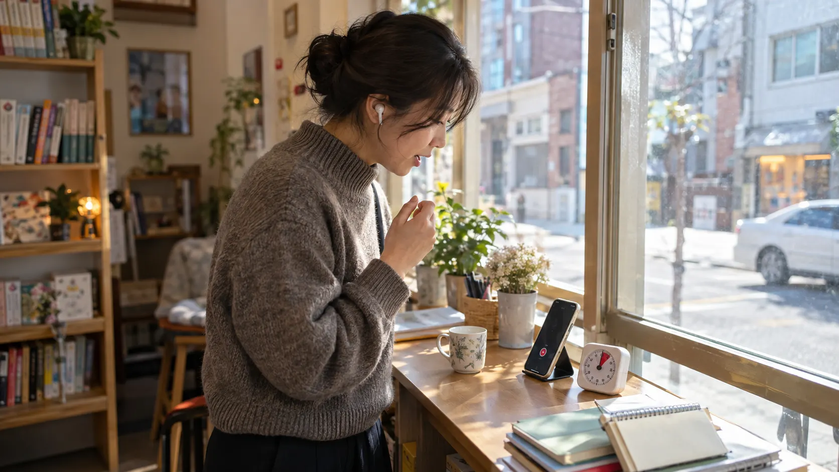 짧은 문장 하나를 듣고 어휘를 적은 뒤, 이어폰을 낀 채 휴대전화 녹음기에 직접 말하며 소리와 뜻을 연결하는 연습 장면입니다. 단계별 흐름이 드러납니다.