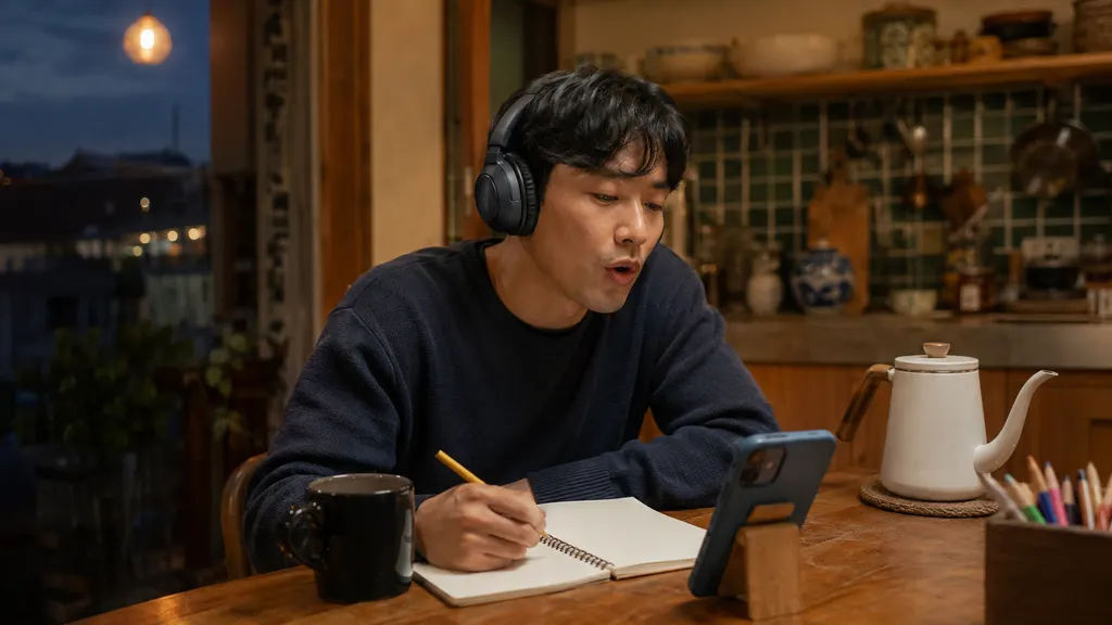 헤드폰으로 영어 대화를 들으며 자막 대신 입 모양과 단어 사이의 연결 소리에 집중하고, 들은 소리를 원문과 대조해 소리 경계를 찾는 학습 장면입니다.