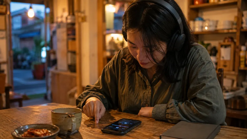 헤드폰을 쓴 학습자가 스마트폰으로 짧은 대화를 반복해서 듣고 손가락으로 리듬을 짚으며, 단어 사이 연결과 약한 소리를 구분하는 장면입니다. — 단어 경계와 약한 소리(원어민의 빠른 말에서 소리가 달라지는 원리) 내용을 보여주는 사진