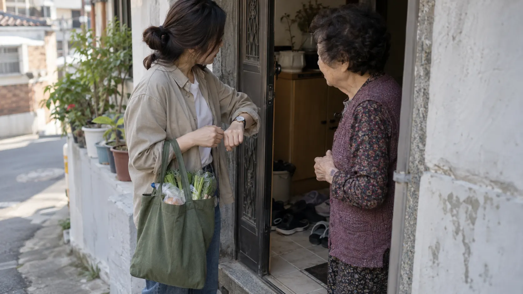 한 사람이 장을 본 가방을 든 이웃에게 물건을 건네고 다른 사람의 말을 들으며 약속을 지키는 생활 속 섬김을 보여 줍니다. 차분한 표정과 열린 현관이 일상적인 도움의 맥락을 드러냅니다.