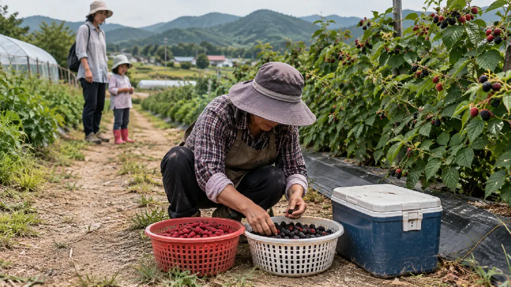 수확한 복분자를 생과와 가공용으로 나누어 살피고 보관 시각을 기록하는 장면입니다. 판매 설명에 필요한 선별 기준과 생산 근거를 보여 주어 방문객의 이해를 돕습니다.