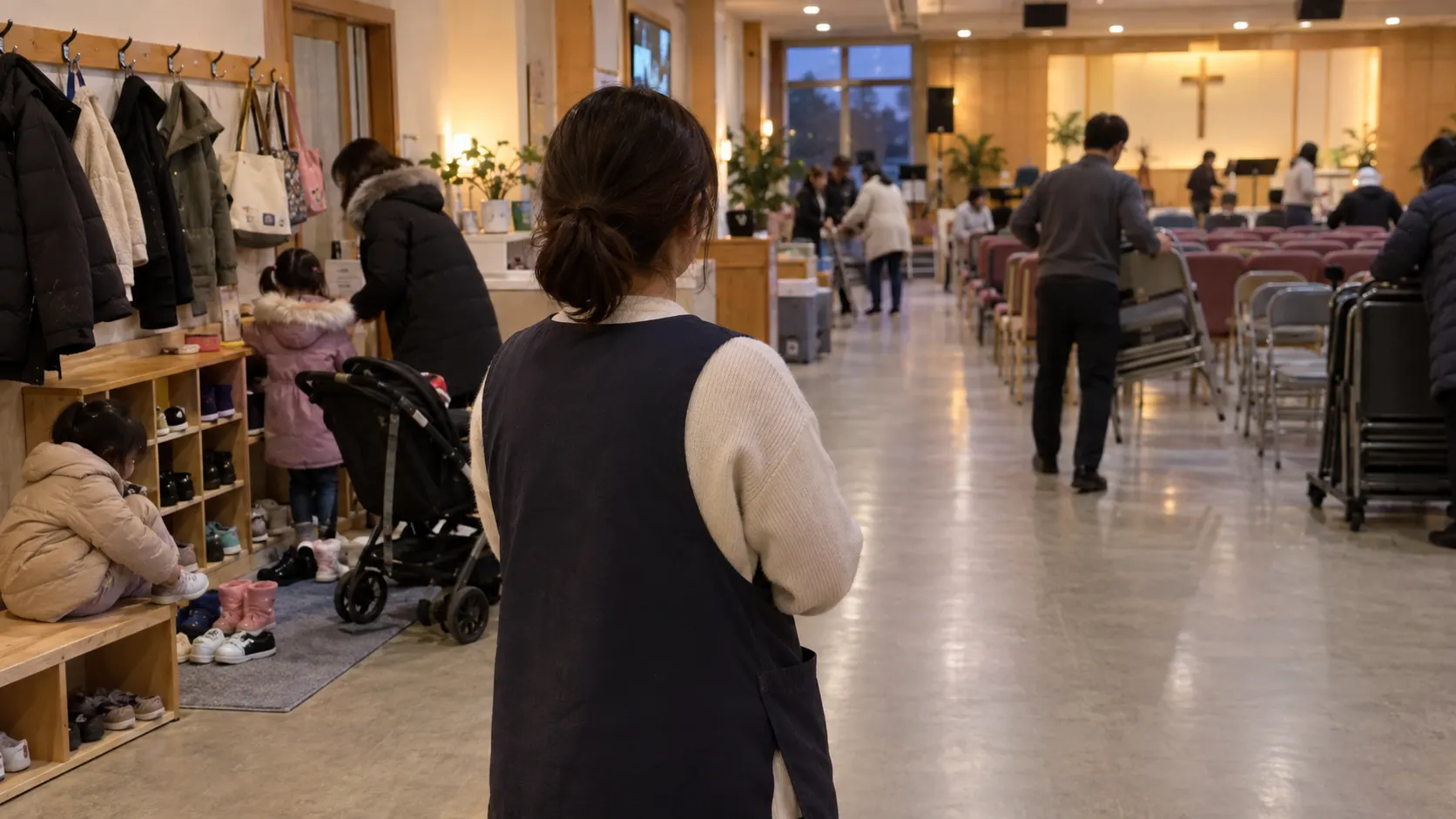 예배가 끝난 뒤 담당자가 아동 인계 공간과 통로를 차례로 확인하며 보호자 귀가 여부와 공간 정리 상태를 기록하는 장면입니다. 점검 결과는 역할별 기록표에 남깁니다.