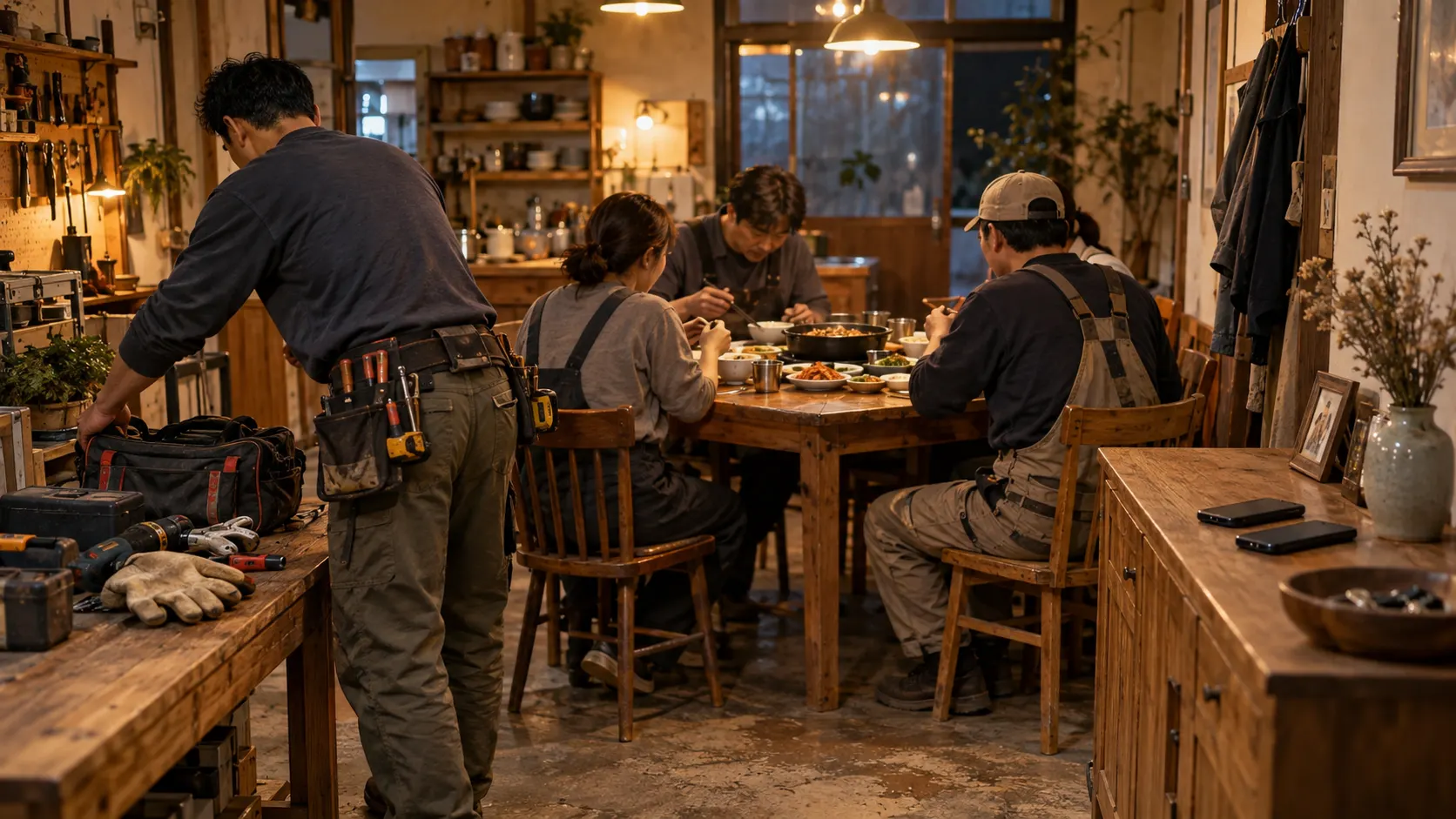 창세기 2장과 출애굽기 20장이 말하는 안식일의 쉼을 성인이 일을 멈추고 함께 식사하는 장면으로 보여 주며, 제칠일의 노동 중단과 창조·해방의 기억을 설명합니다.