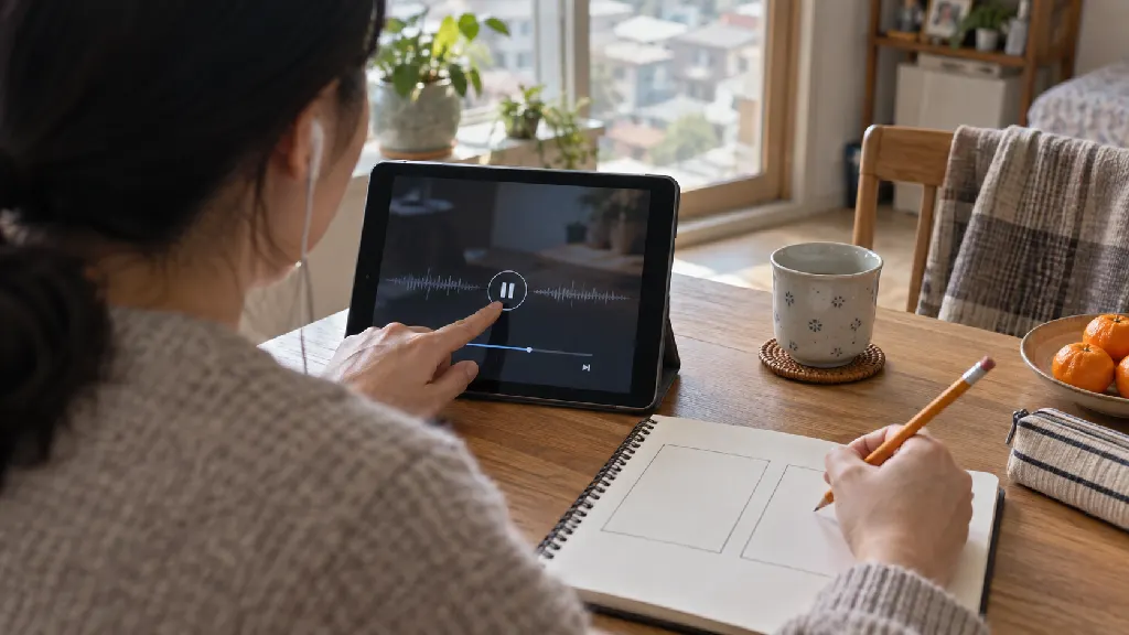 학습자가 짧은 영어 대화의 제안과 수정 흐름을 따라가며 전환 표현이 의미를 바꾸는 지점을 표시하고, 자막을 닫은 뒤 한 문장씩 멈춰 듣는 장면입니다. 이어폰을 낀 모습이 보입니다.