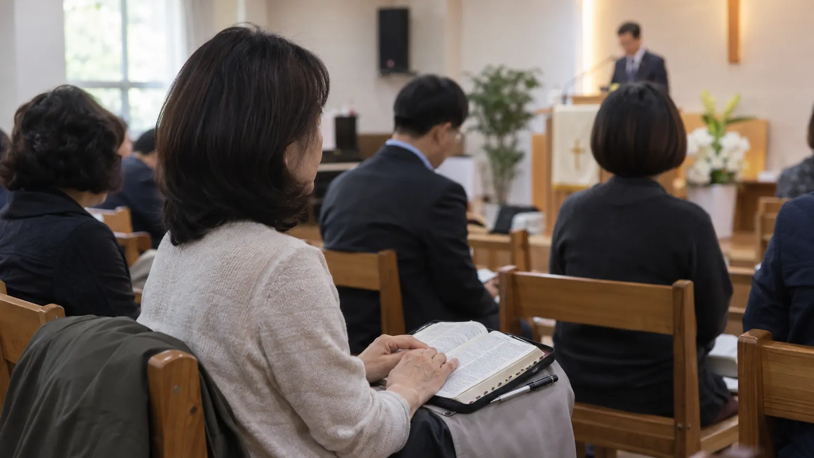 성경 봉독 뒤 설교를 듣는 예배 참여자가 펼친 성경과 펜을 곁에 두고 본문의 흐름을 따라가는 장면으로, 읽기와 설명의 연결을 보여 줍니다. — 성경 봉독과 설교(주일예배에서 자주 쓰는 용어 쉽게 풀어보기) 내용을 보여주는 사진