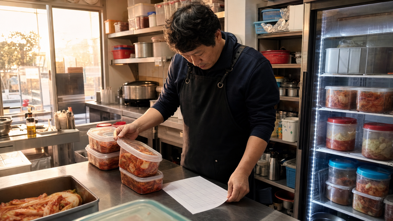 김치 대량 납품 상담 전 품목, 예상 사용량, 배송 주기, 냉장 보관 공간을 함께 점검하는 실무 장면 — 상담 전 준비 정보(B2B 대량 납품 상담에 대해 자주 묻는 질문과 알아둘 점) 내용을 보여주는 사진