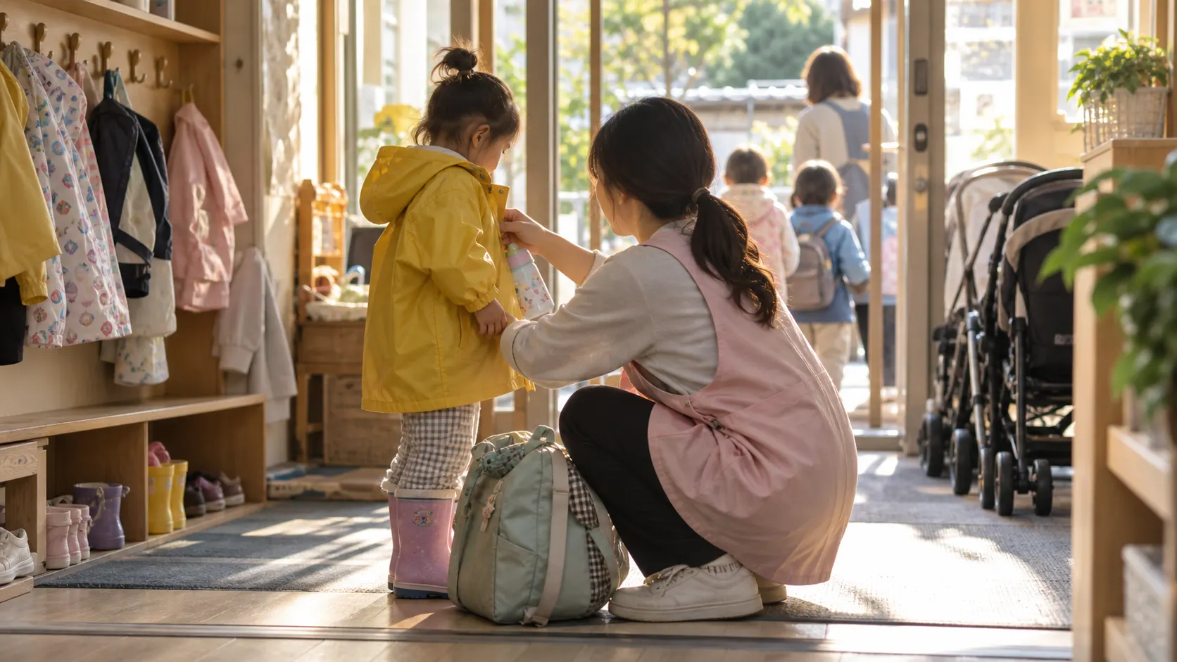 실내 활동에서 야외 체험으로 일정이 바뀐 뒤 보육교사가 아이의 우비와 물병을 살피고 준비 가방을 점검하는 장면으로, 준비물 안내와 안전 점검을 함께 확인하는 과정을 보여 줍니다.