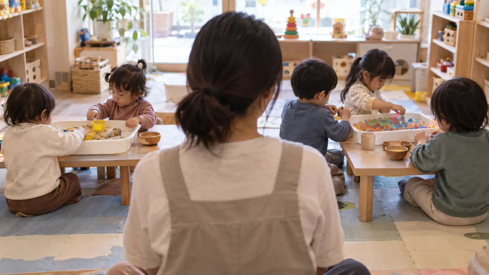서로 다른 연령의 유아가 낮은 작업대와 보호 매트에서 활동하고, 담당자가 활동 난이도와 안전 조건을 확인하는 장면입니다. 연령별 프로그램을 고를 때 필요한 관찰 기준을 보여줍니다.
