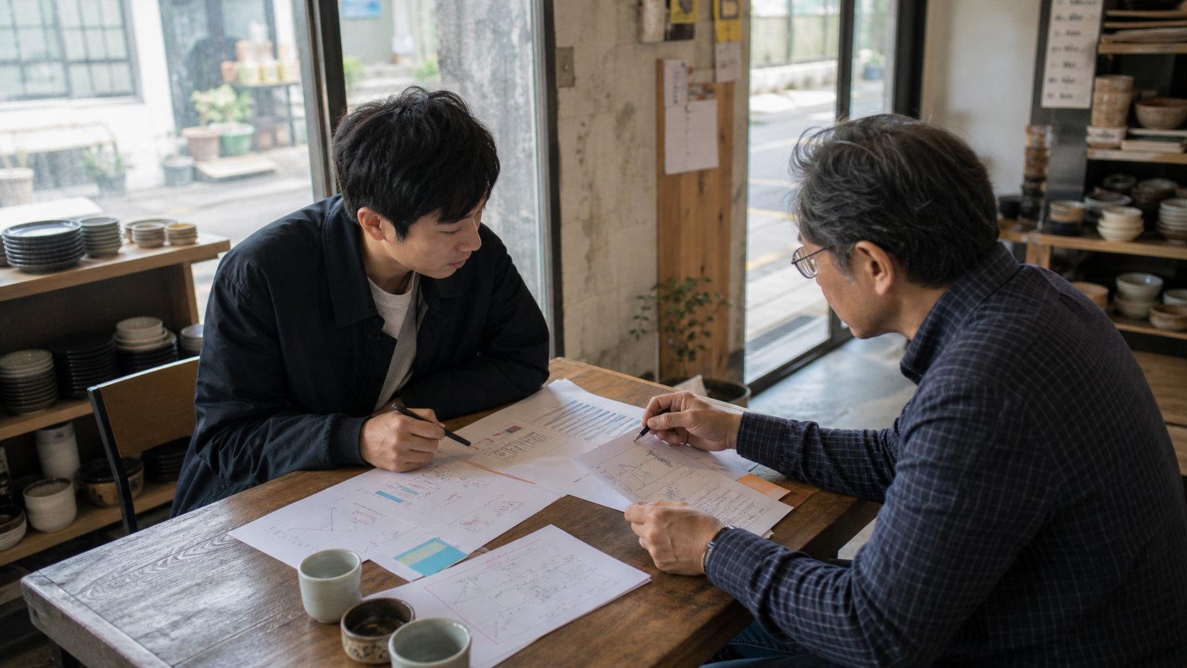 창업자가 멘토와 함께 사업 모델 자료와 재무 표를 보며 교육 결과가 실제 실행 계획으로 이어지는지 확인하는 장면 — 목적에 따른 프로그램 구분(CEO 교육 커뮤니티 및 스타트업 투자·멘토링 분야를 처음 알아볼 때 확인할 기본 원리) 내용을 보여주는