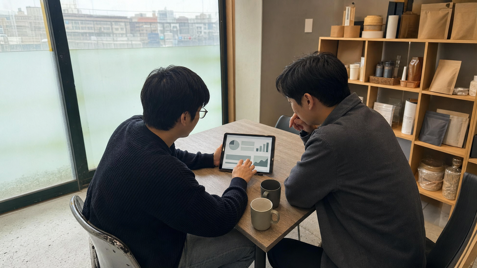 창업자와 멘토가 태블릿의 사업 자료를 보며 투자 준비와 성장 전략을 구체적으로 점검하는 장면 — 네트워킹과 멘토링 활용법(CEO 과정에 대해 자주 묻는 질문과 알아둘 점) 내용을 보여주는 사진