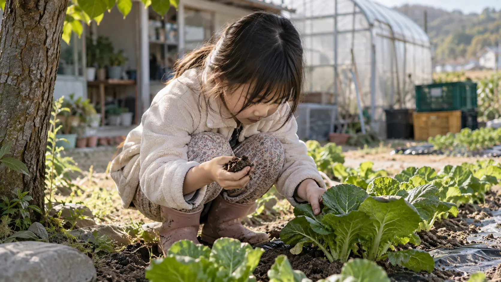 아이와 보호자가 숲 그늘 아래 잎을 살피고 밭 가장자리의 흙을 손으로 비교하며 산양삼과 인삼의 생육 기록을 배우는 장면입니다. — 가족 체험에서 보는 기준(산양삼과 인삼은 재배 환경과 생육 기간이 어떻게 다를까?) 내용을 보여주는 사진