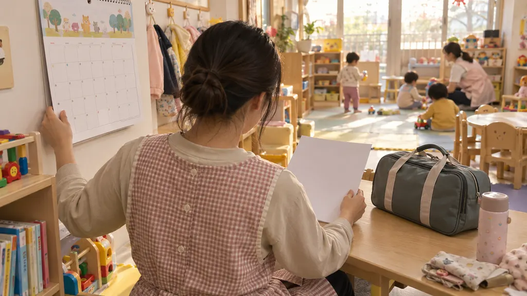 보육기관 담당자가 달력과 조건표를 나란히 두고 대상 연령과 예상 인원을 점검하며 체험 일정을 정리하는 장면입니다. 이동 시간과 실내·실외 여부도 함께 표시합니다.