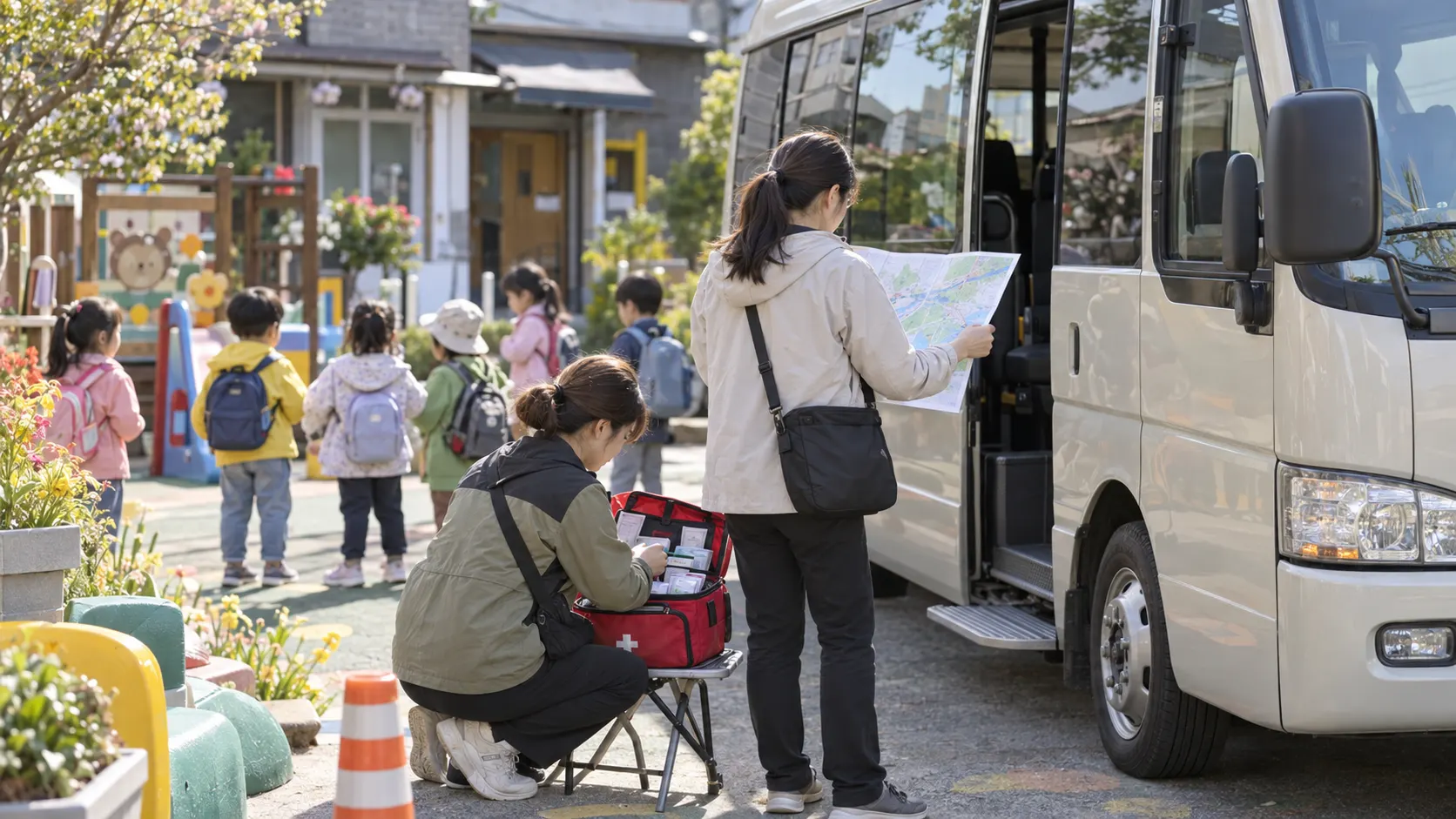 보육교사들이 출발 차량 옆에서 이동 경로표와 응급용품을 확인하고 아이들이 안전조끼를 입은 채 체험장 입구에서 대기하는 장면으로 이동·대기·응급 대응 기준을 보여 줍니다.