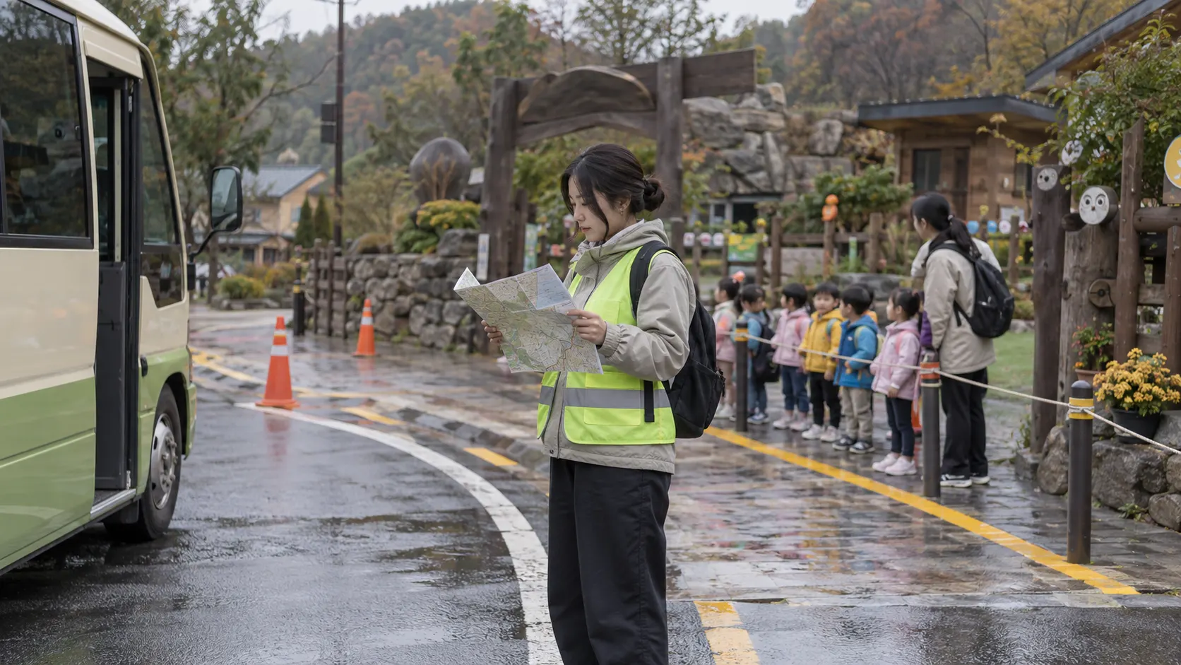 기관 담당자가 버스 하차 지점에서 체험 장소 입구까지의 이동 동선을 확인하고, 아이들이 안전하게 기다릴 위치를 정하는 장면입니다. 지역 선택 때 이동 부담을 함께 보는 기준을 보여줍니다.