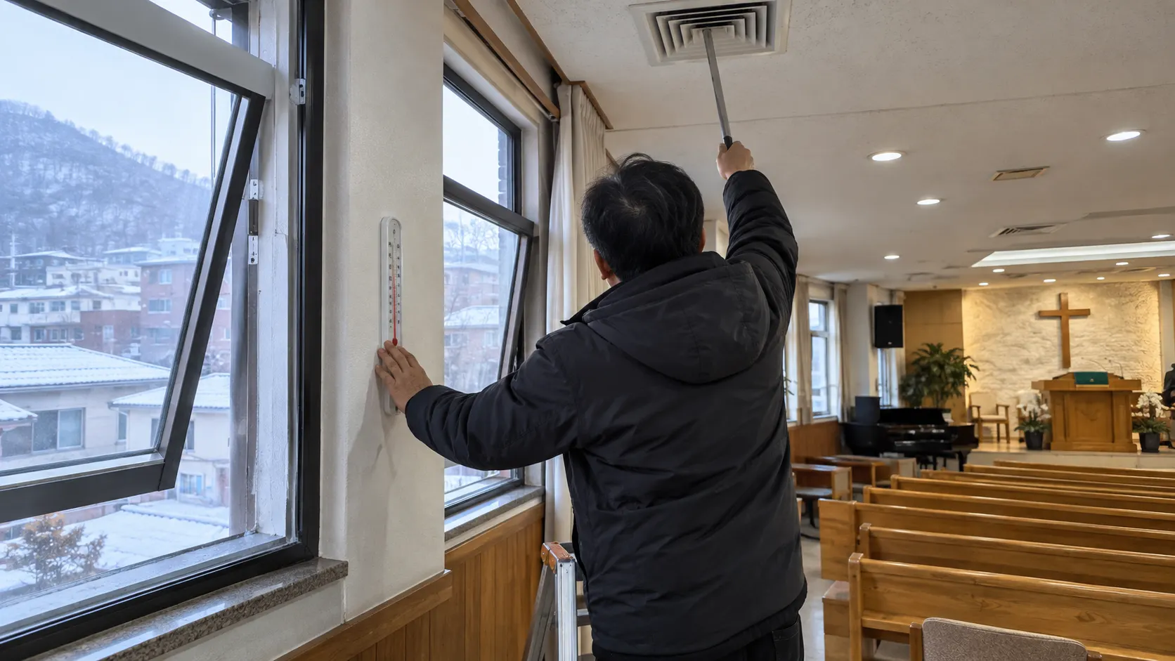 예배 전 담당자가 온도계와 창문을 확인하고 좌석에 닿는 냉난방 바람을 살피는 모습으로 계절별 실내 환경 점검 항목을 보여줍니다. 본당과 유아 공간을 나눠 기록하는 장면입니다.