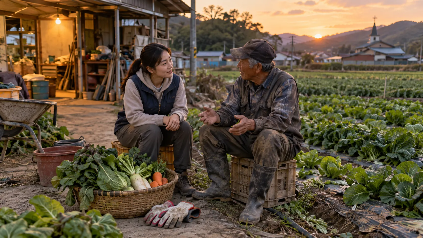 농촌 교회 방문자가 밭 옆에서 주민의 이야기를 듣고 필요한 도움을 묻는 장면으로, 일방적 지원보다 관계를 앞세우는 농촌선교의 기준과 지역 생활의 리듬을 보여 줍니다.