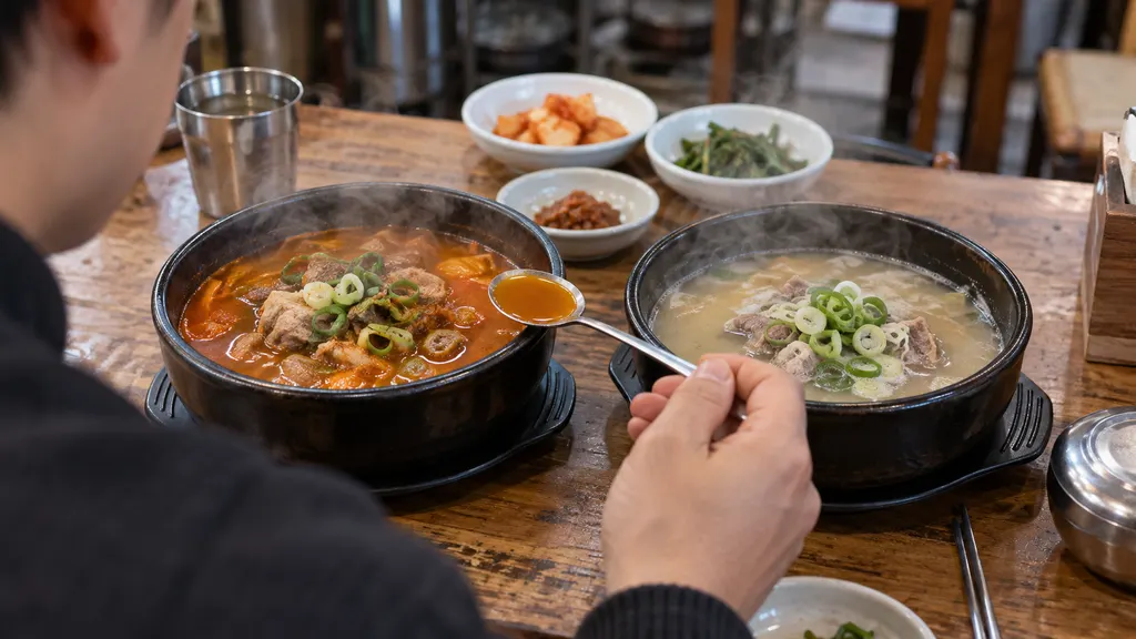 맑은 국물과 뽀얀 국물을 나란히 놓고 숟가락으로 표면과 농도를 살피는 장면으로, 색만으로 육수 재료를 정하기 어려운 점과 조리 과정의 차이를 보여줍니다.