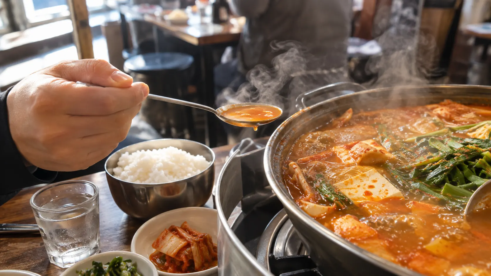 국밥의 건더기와 밥을 살핀 뒤 감자탕이나 전골을 나눠 먹을지 결정하는 식사 장면입니다. 음식의 포만감과 주류의 비중을 함께 읽고 메뉴 역할을 나누는 기준을 보여 줍니다.