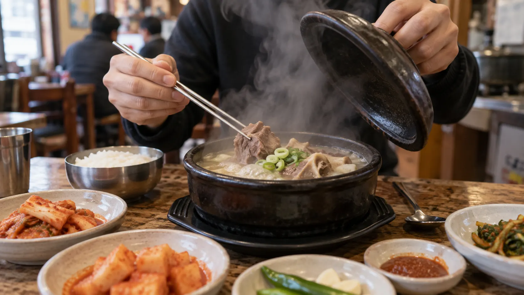 뚝배기에서 올라오는 김과 국물 속 고기의 상태를 가까이 살피며 흑염소탕의 온도와 식감을 기록하는 식사 장면입니다. 곁들임 양념이 향을 바꾸는지도 함께 적습니다.
