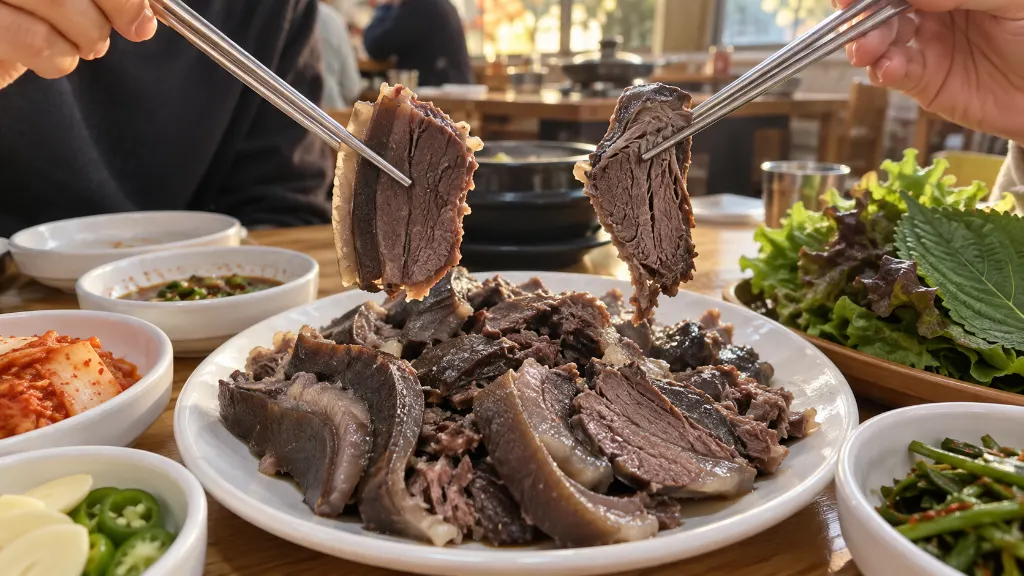 접시에 놓인 흑염소수육의 썬 두께와 살결을 살피고, 소스와 쌈 채소가 고기 맛을 가리는지 2~3점을 나누어 비교하는 식사 장면을 보여 줍니다. 첫 점은 양념 없이 먹어 식감과 향을 따로 읽는 과정도 담았습니다.