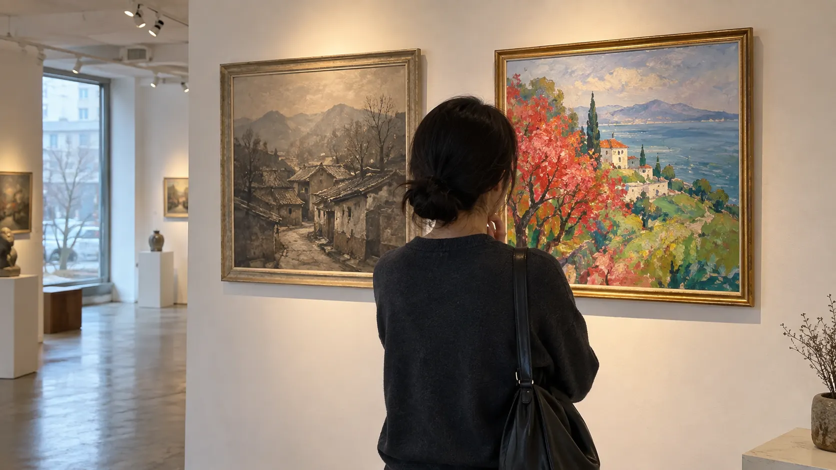 전시장에 나란히 걸린 서로 다른 시기의 회화를 관람객이 비교하며 색채와 구도의 변화에 제작연도와 시대 배경을 연결해 감상하고 작가의 흐름을 짧게 기록하는 장면입니다.