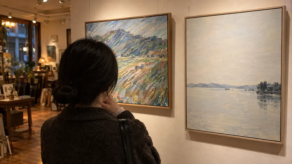서로 다른 시기의 작품 4점을 비교하며 선의 방향, 색 대비, 빈 공간의 폭, 남아 있는 구도 습관을 확인하는 관람 장면을 설명합니다. 해외 체류 전후의 차이를 단절보다 연속된 변화로 읽는 기준도 함께 담았습니다.