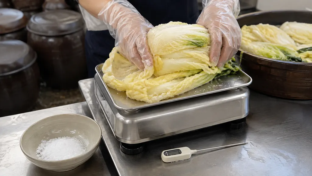 절임 전 배추의 상태를 확인하고 저울로 무게를 재는 작업대 모습입니다. 원료 묶음별 차이와 공정 기록을 나누어 관리하는 장면으로, 대량 제조에서 맛 편차를 찾는 출발점을 보여줍니다.