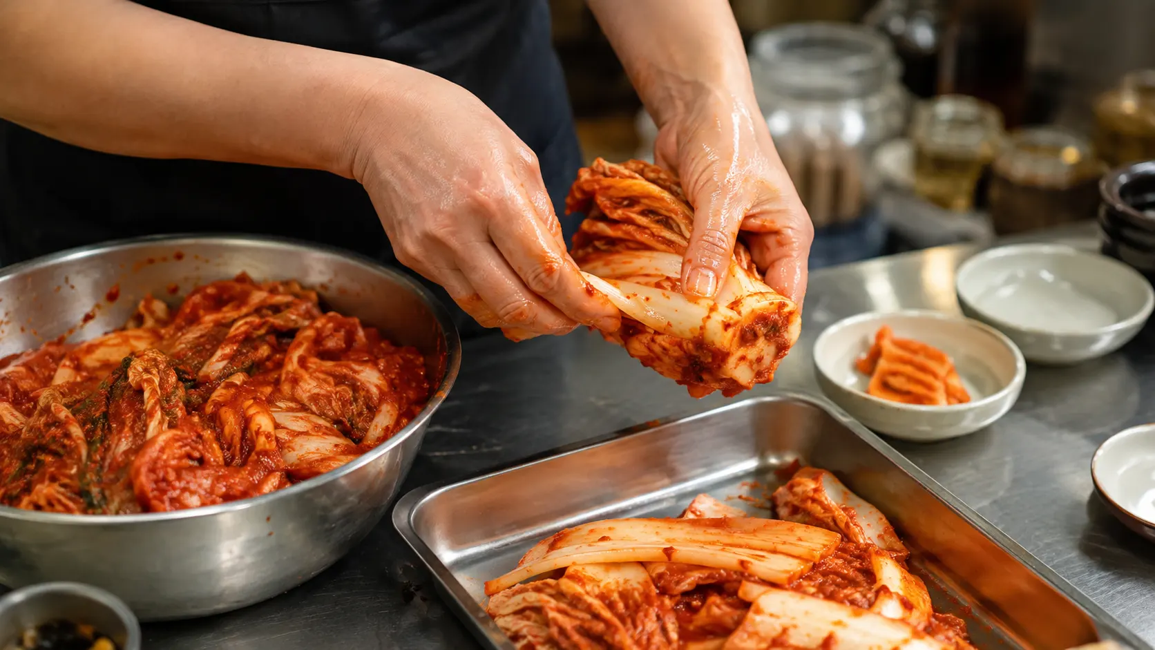 한 포기 김치에서 겉잎과 속잎을 나누고 줄기 중심을 따로 잘라 맛을 비교하는 장면입니다. 양념이 묻은 정도와 조직 두께를 비교하고 국물의 양에 따른 짠맛 차이도 함께 살핍니다.