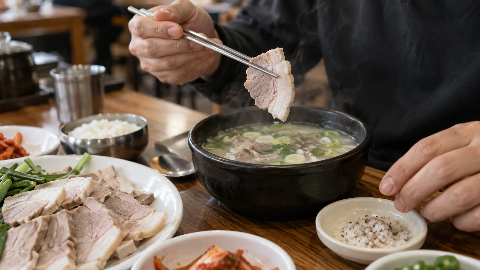 따뜻한 국밥 그릇 옆 접시에 놓인 수육 한 점을 양념 없이 먼저 맛본 뒤 가장자리에 소량을 묻히고, 국물 한 숟갈과 비교하며 짠맛이 남는 정도에 따라 다음 양을 조절하는 식사 장면입니다.