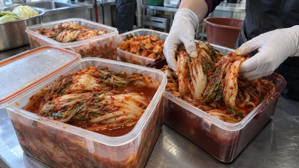 미개봉 용기와 개봉 용기를 나란히 놓고 배추 표면과 국물 상태를 비교해 새콤한 발효 향과 군내의 차이를 관찰하는 장면입니다. — 발효 향의 기준(김치의 새콤한 발효 향과 불쾌한 군내는 어떻게 다를까?) 내용을 보여주는 사진