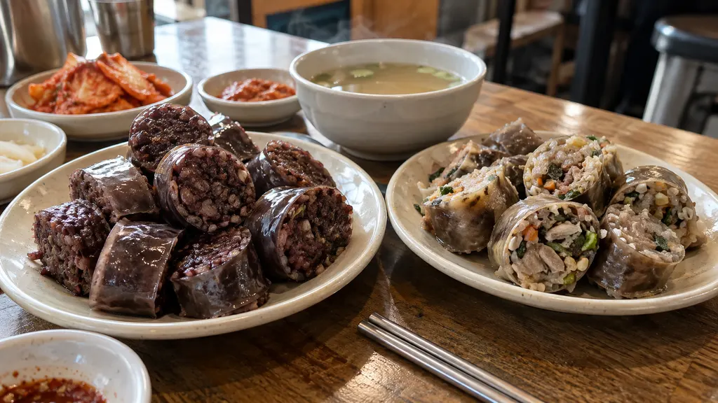 찰순대와 토종순대의 단면을 나란히 놓고 당면·곡물·선지처럼 속을 이루는 재료와 입자감을 비교하는 장면을 담았습니다. 주문 전 식감을 가늠하는 비교 기준도 함께 보여 줍니다.