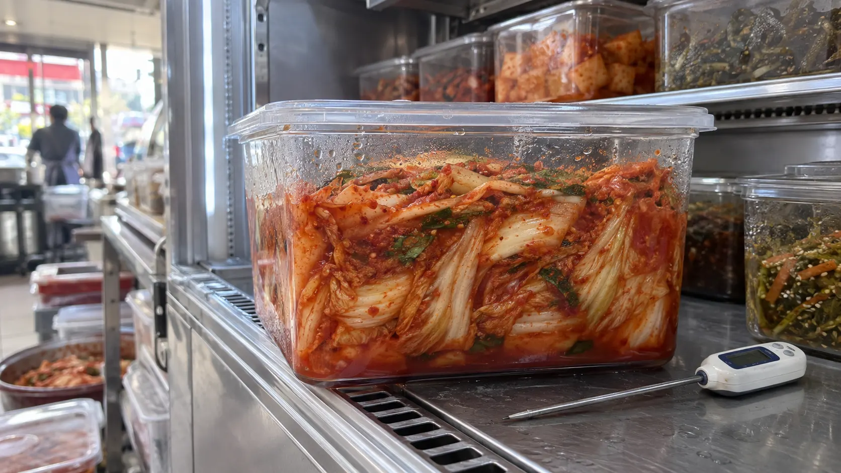 김치 보관 용기와 온도계를 함께 보여 주며, 보관 온도에 따라 발효 속도와 신맛이 달라지는 원리와 학교 급식 현장에서 입고 뒤 상태를 기록하는 기준을 설명하는 사진입니다.